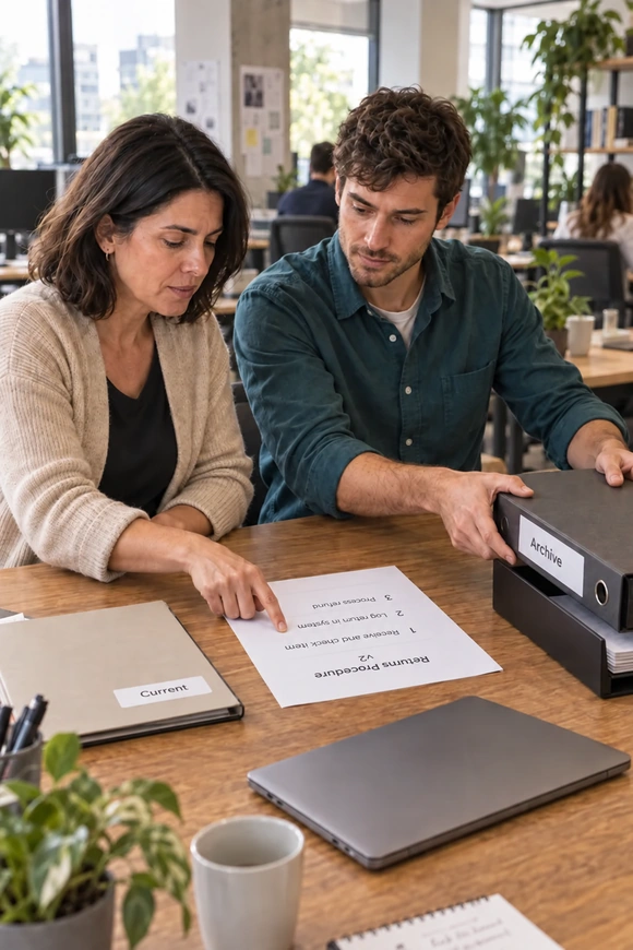 Two professionals reviewing procedure documents.