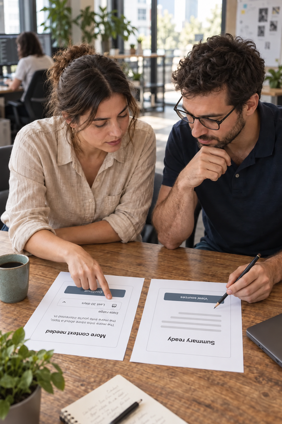 Dos profesionales revisando prototipos de una interfaz.