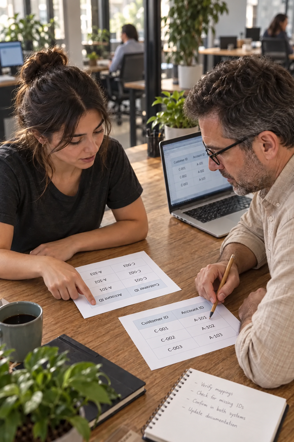 Professionals comparing data in working documents.