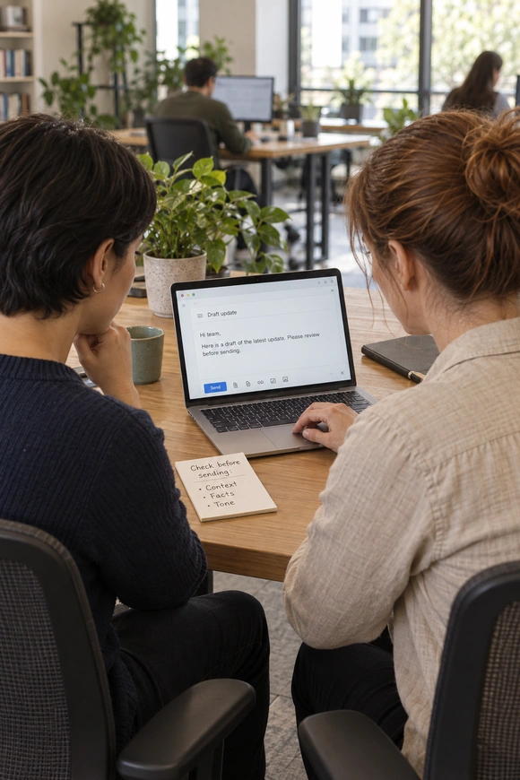 A professional supporting a colleague through a task.