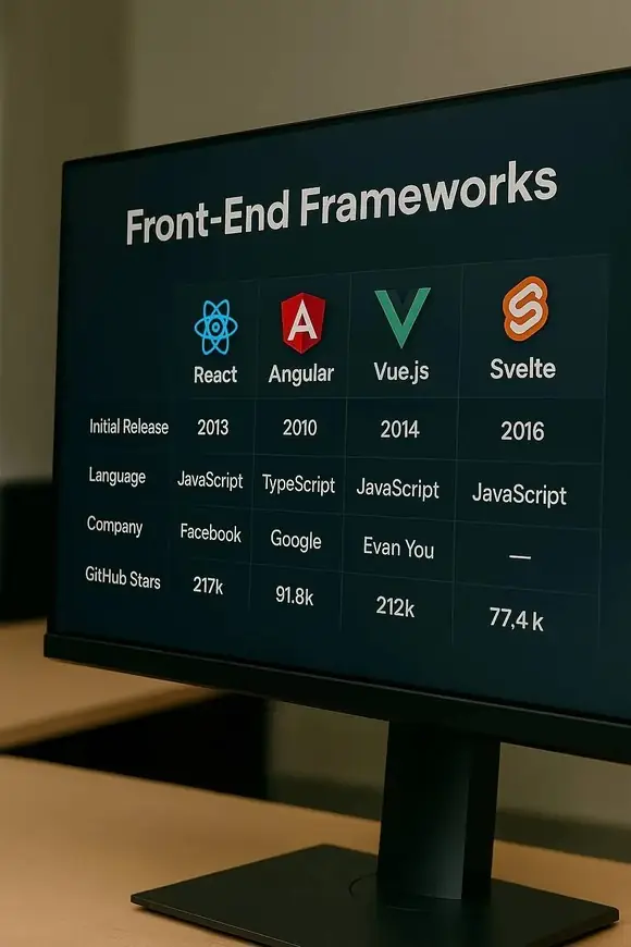 Monitor que muestra una tabla comparativa de frameworks frontend como React, Angular, Vue.js y Svelte, con fechas de lanzamiento, lenguajes, compañías y estrellas en GitHub.