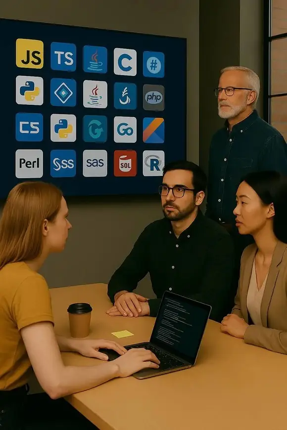 Cuatro desarrolladores en una sala de reuniones, uno trabajando en una laptop con código en pantalla, conversando frente a una pared con íconos de lenguajes de programación.