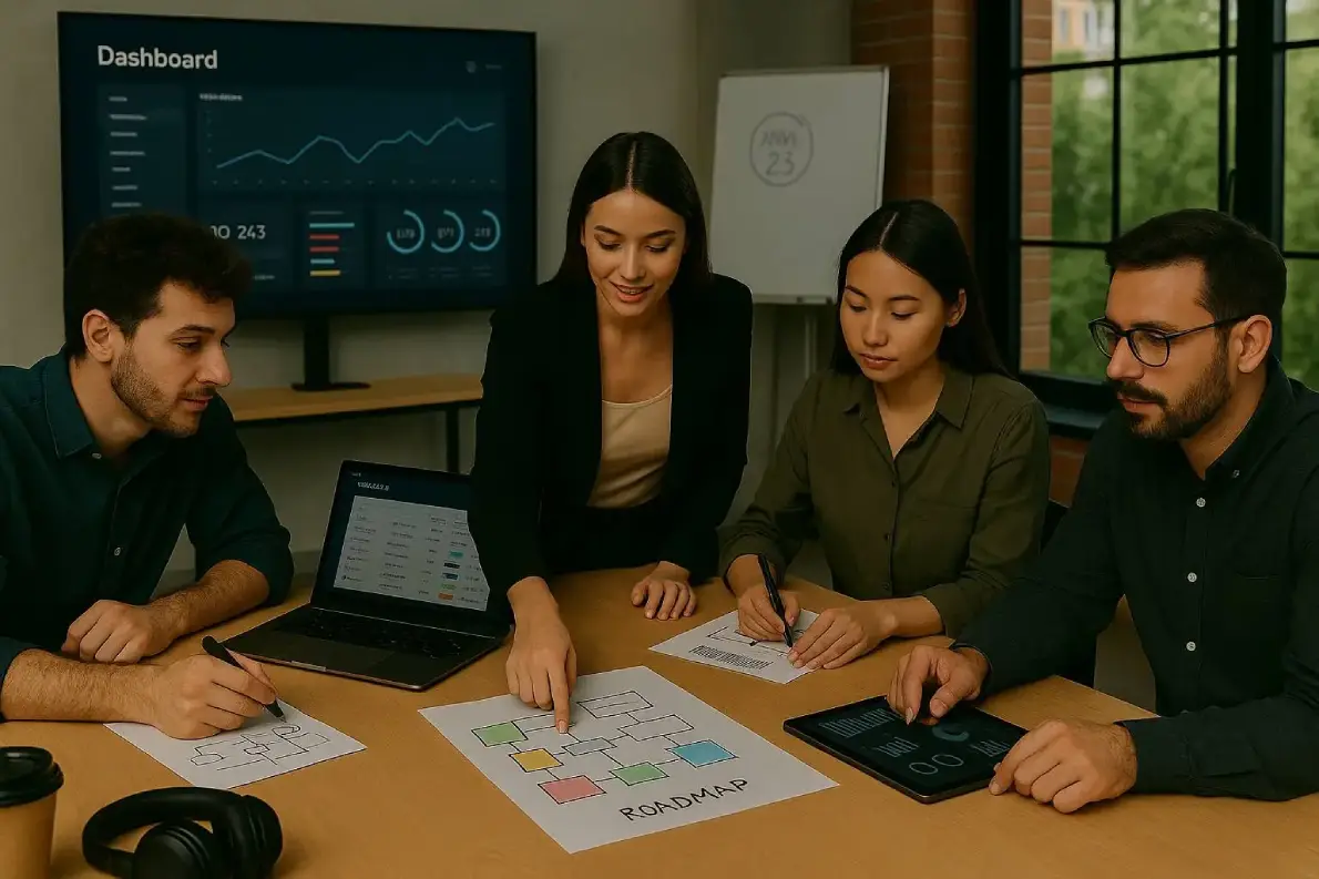 Equipo de software colaborando en una hoja de ruta de producto en una oficina moderna, con diagramas, analíticas y un dashboard proyectado de fondo.