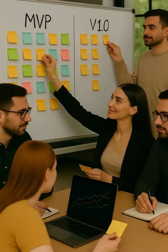 Sesión de planificación de equipo visualizando la evolución del MVP a la versión 1.0 con notas adhesivas para definir prioridades y próximos pasos en el desarrollo de software.