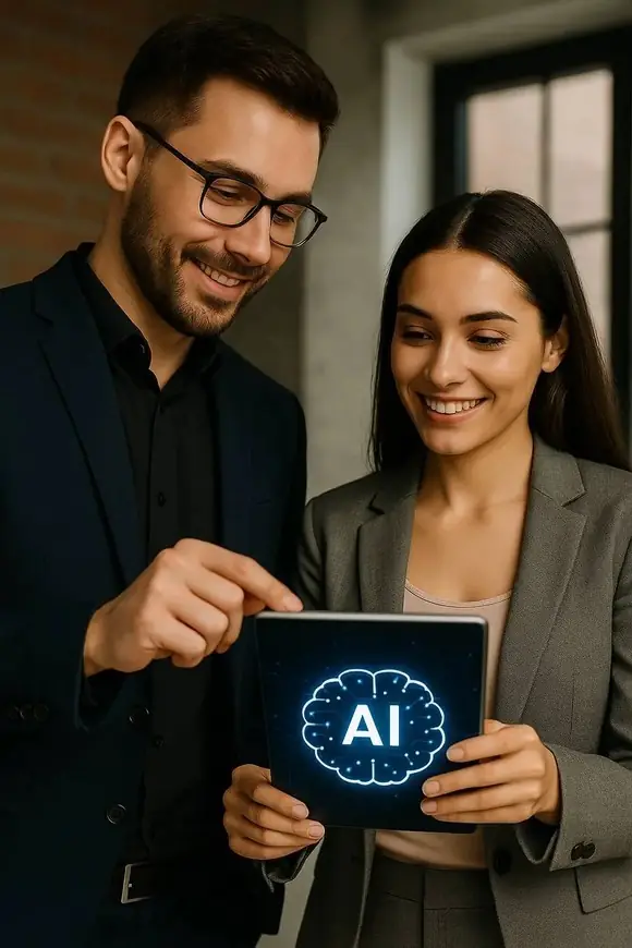 Dos personas interactuando con una tablet, ilustrando colaboración mediante una app de IA