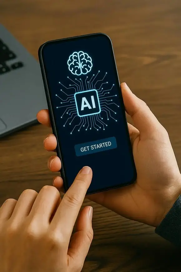Teléfono móvil mostrando una interfaz de IA con la opción GET STARTED.