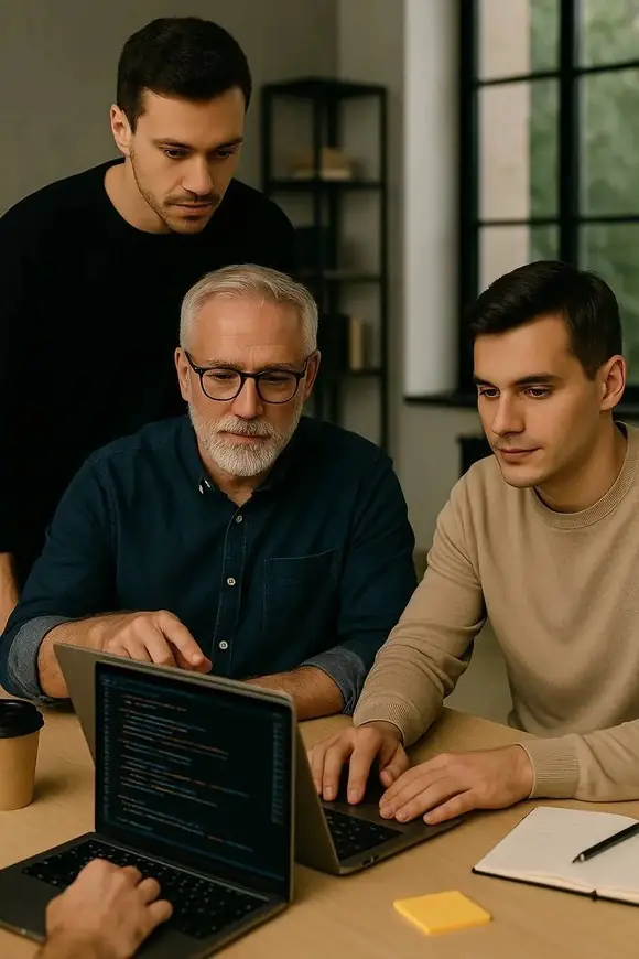 Three software developers collaborating around a laptop in a modern office. An older man is typing while two younger colleagues observe the screen. The desk features a notebook, pen, coffee cup, and sticky notes, creating a realistic work environment.