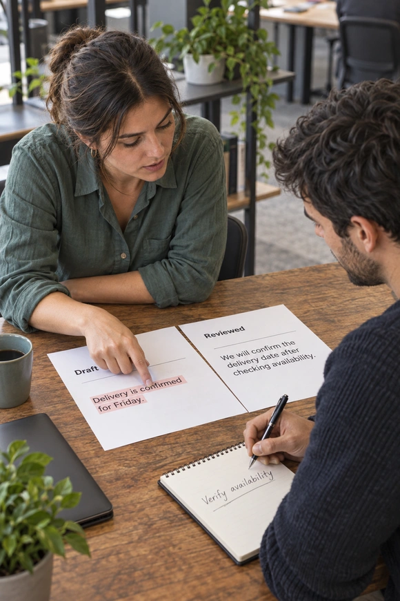 Two professionals reviewing proposals and corrections.