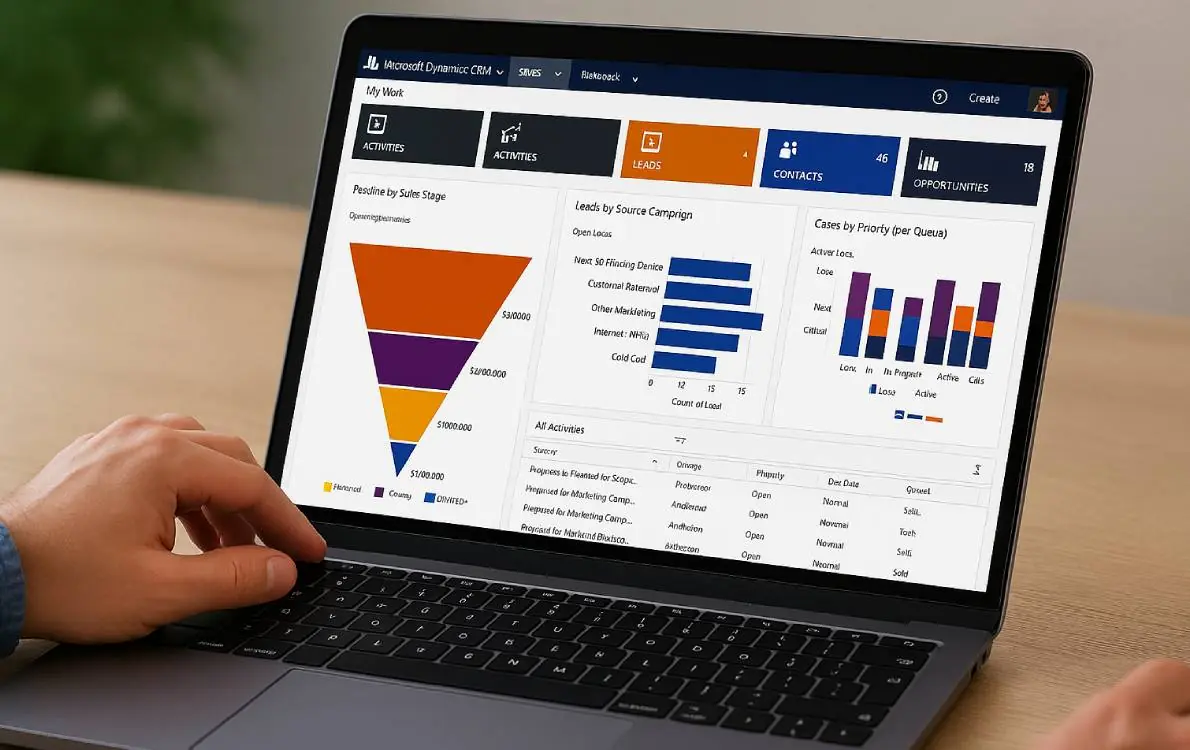 Pantalla de laptop mostrando el panel de control de Microsoft Dynamics 365, representando herramientas integradas de gestión empresarial.