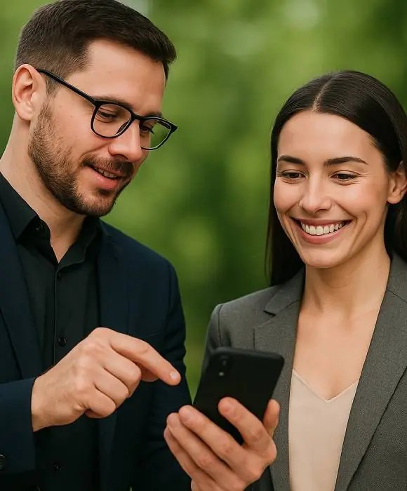 Dos personas interactuando con un teléfono móvil, ilustrando colaboración mediante Microsoft Dynamics 365