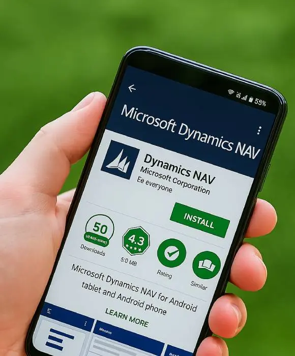 Teléfono móvil mostrando una interfaz de Microsoft Dynamics 365, destacando acceso empresarial en movimiento.