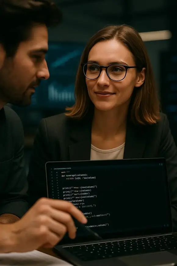 Dos profesionales revisando código en una laptop, reflejando colaboración y atención a la calidad del software en un entorno técnico.