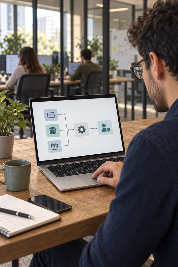 A laptop displaying an integration diagram connecting business tools.