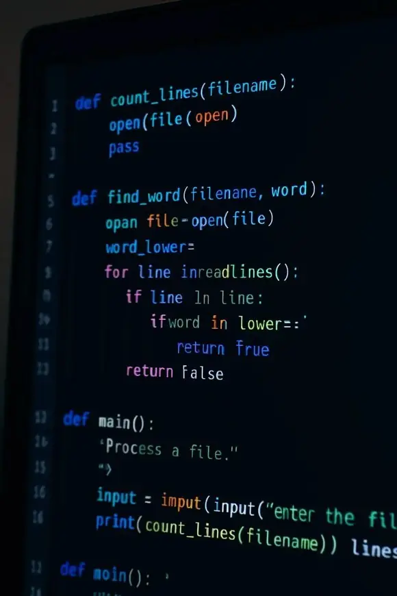 Primer plano de una pantalla con código en Python y resaltado de sintaxis, enfocado en funciones de procesamiento de archivos y palabras.