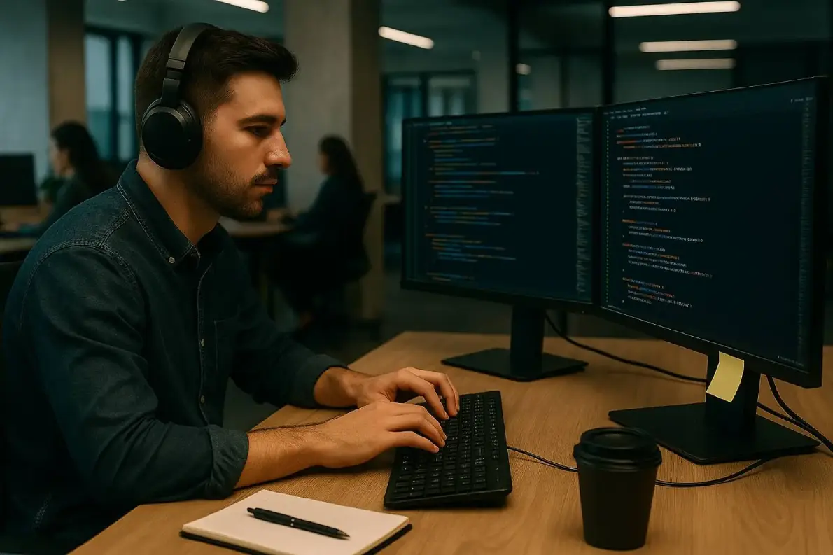 Desarrollador con auriculares programando en un entorno de oficina moderna con dos monitores, un cuaderno y una taza de café en el escritorio.