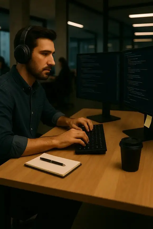 Grupo de desarrolladores colaborando alrededor de una laptop y una pantalla grande con código, en una oficina moderna.
