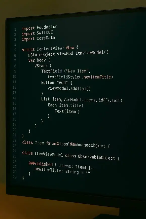 Primer plano de un monitor en vista en perspectiva mostrando código con resaltado de sintaxis en un editor de tema oscuro.