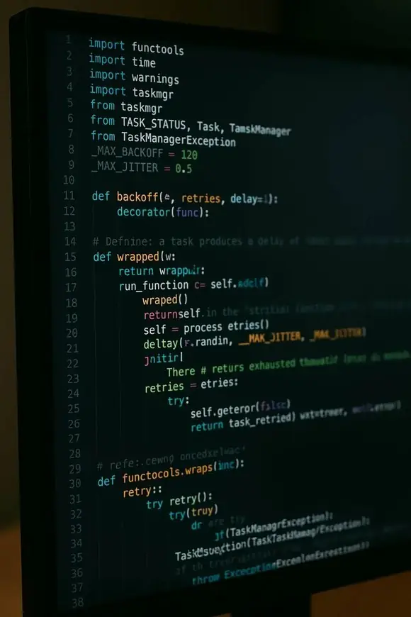 Primer plano de un monitor en vista en perspectiva mostrando código Python complejo con resaltado de sintaxis en un editor de tema oscuro.