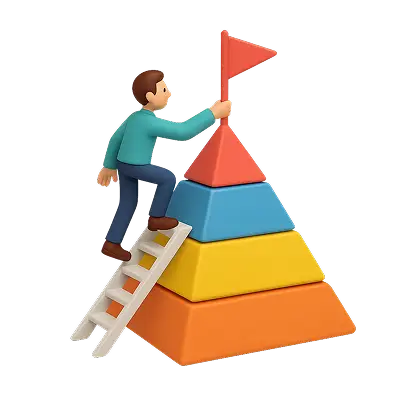 Ilustración de una persona subiendo una escalera sobre una pirámide, simbolizando el progreso estructurado y el éxito en la software factory 301..